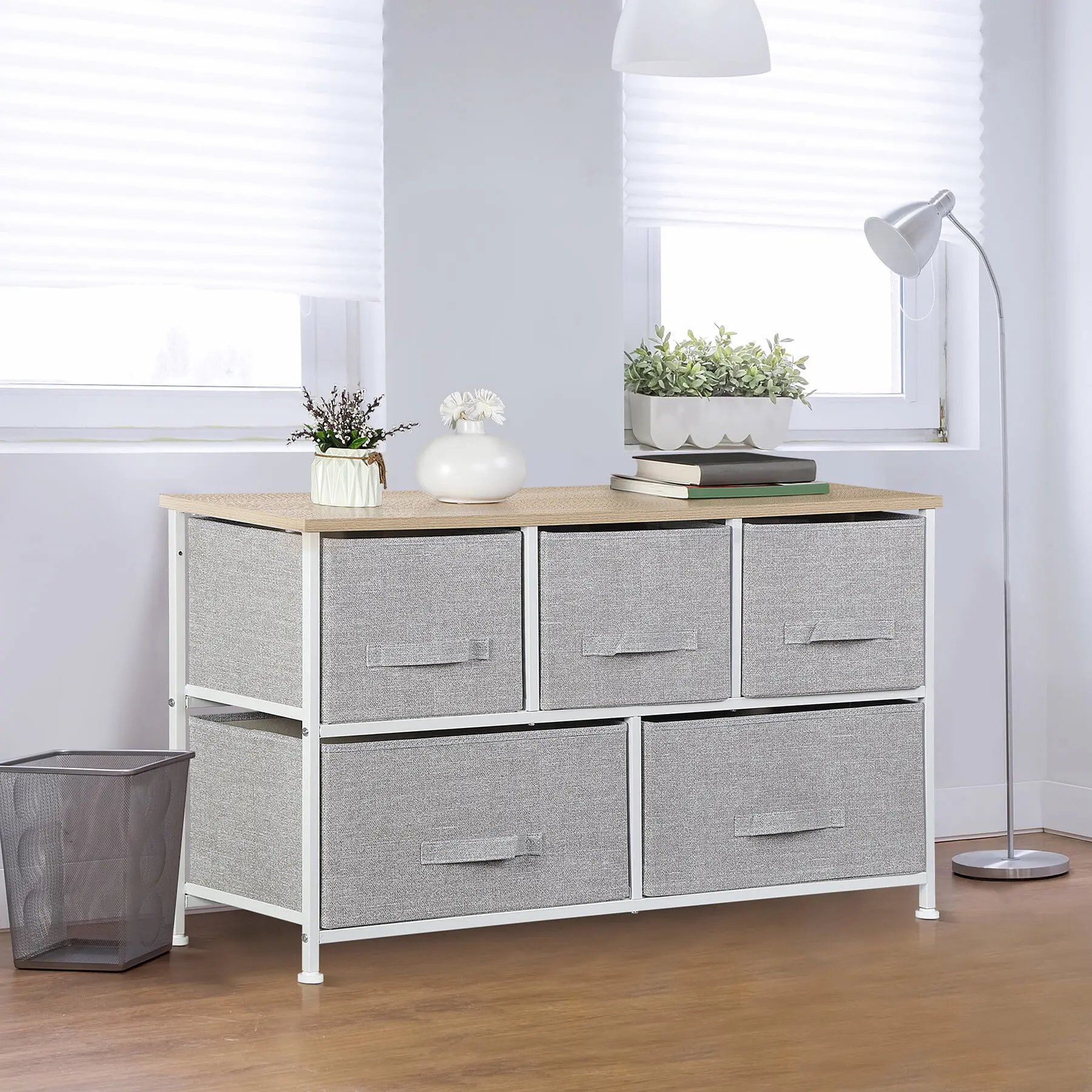 Zeny Wide Fabric 5-Drawer Dresser - 2-Tier Chest of Dressers, Indoor Storage Furniture with Drawers for Closet Clothes Organization