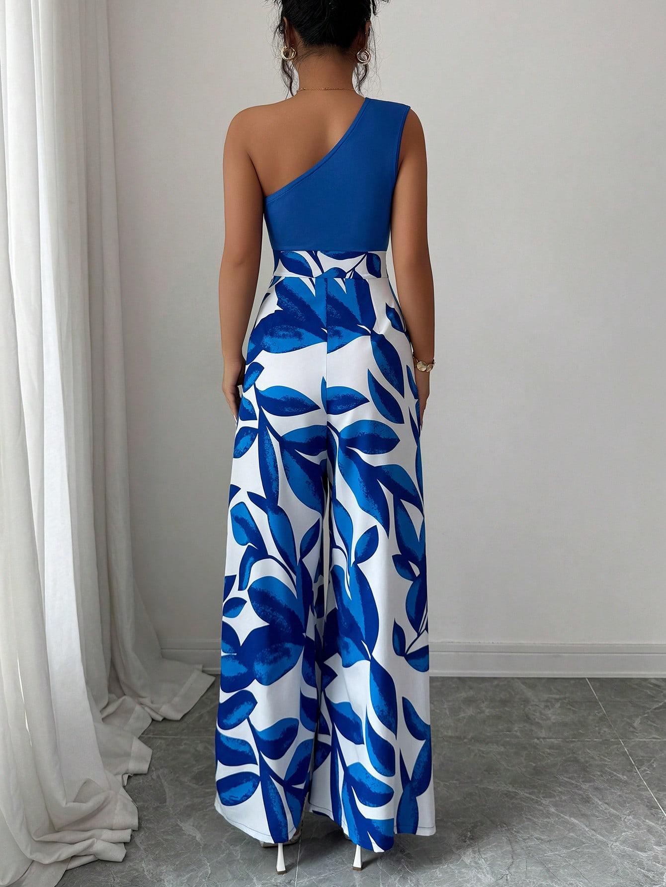 ASANDY Women's One Shoulder Cutout Wide Leg Jumpsuit Leaf Print High Waist Colorblock Casual Jumpsuit Elegant Silhouette Versatile Style Perfect For Vacation Date Night Streetwear & Daily Looks