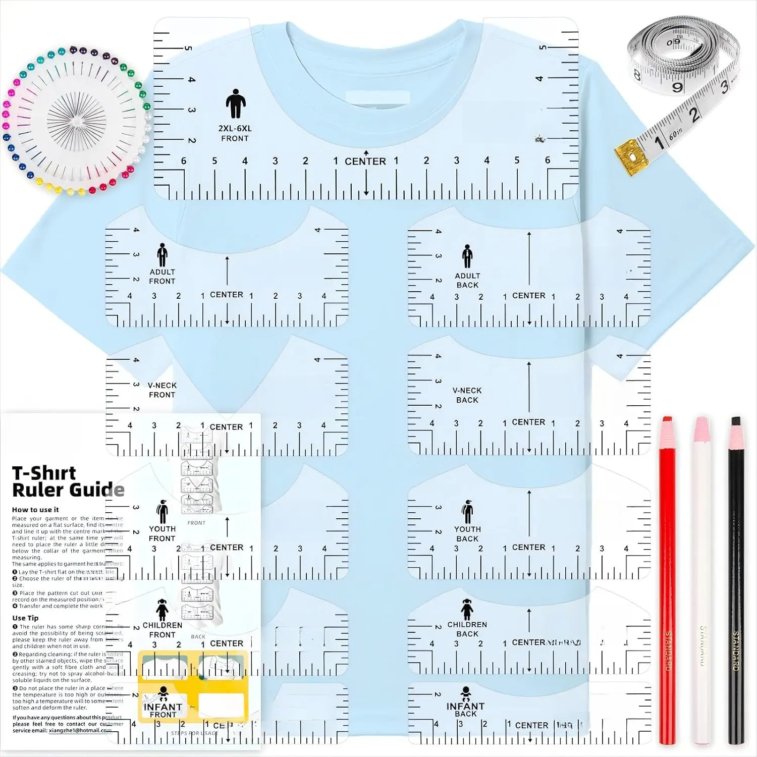 17-Count Clear-Black T-Shirt Ruler Guide with Black Scale Markings - 6-Size Sewing Tools for Cricut Heat Press, Heat Transfer Alignment