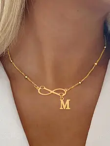 Women's Stainless Steel Necklace Initial Letter Necklace with Infinity Symbol Initial Pendant, Beaded Chain Jewelry for All Seasons, Casual Style Gift Idea