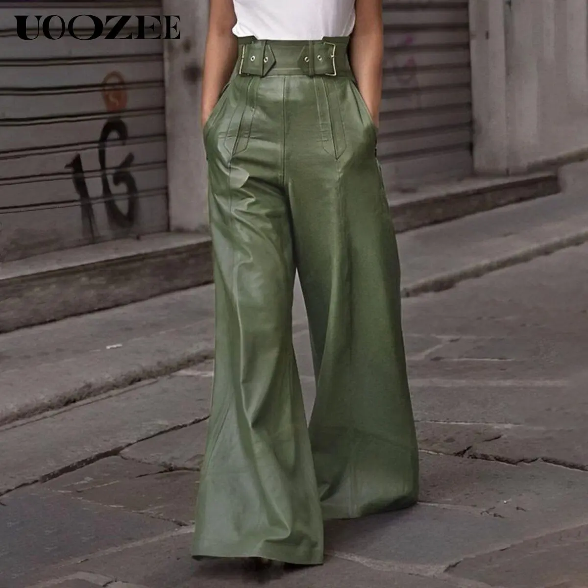 UOOZEE Women's Elegant High-Waisted Faux Leather Bottoms - Stretchy Pleated Wide-Leg Casual Trousers with Pockets, Matching Fabric for Fall Blouse Pairing, Tee, Lady, Basics, Valentines Day, High Rise Pants, Comfy Pants, Pleated Details