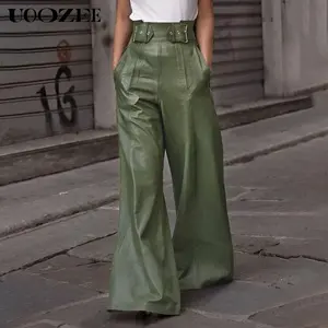 UOOZEE Women's Faux Leather Pants PU High Waist Wide Leg Pants with Pockets Pleated Going Out Flare Trousers