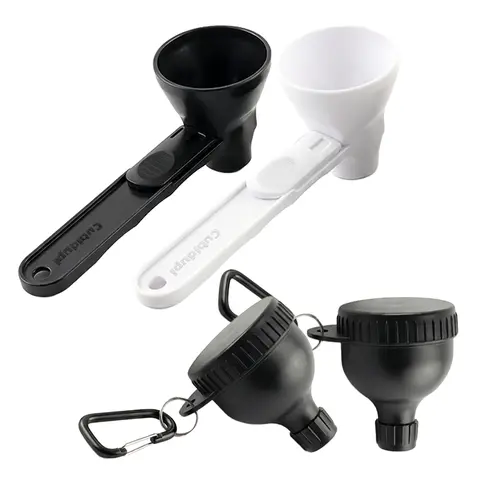BPA-Free ABS Plastic Mini Round Protein Powder Funnel Set - 2 Sliding Spoons, Slotted Spoon, 2 Tablespoons, Container, Hanging, Leak-Proof, Narrowneck Fit, Easy to Clean Reusable Kitchen Utensil for Pre-Workout Creatine Powder
