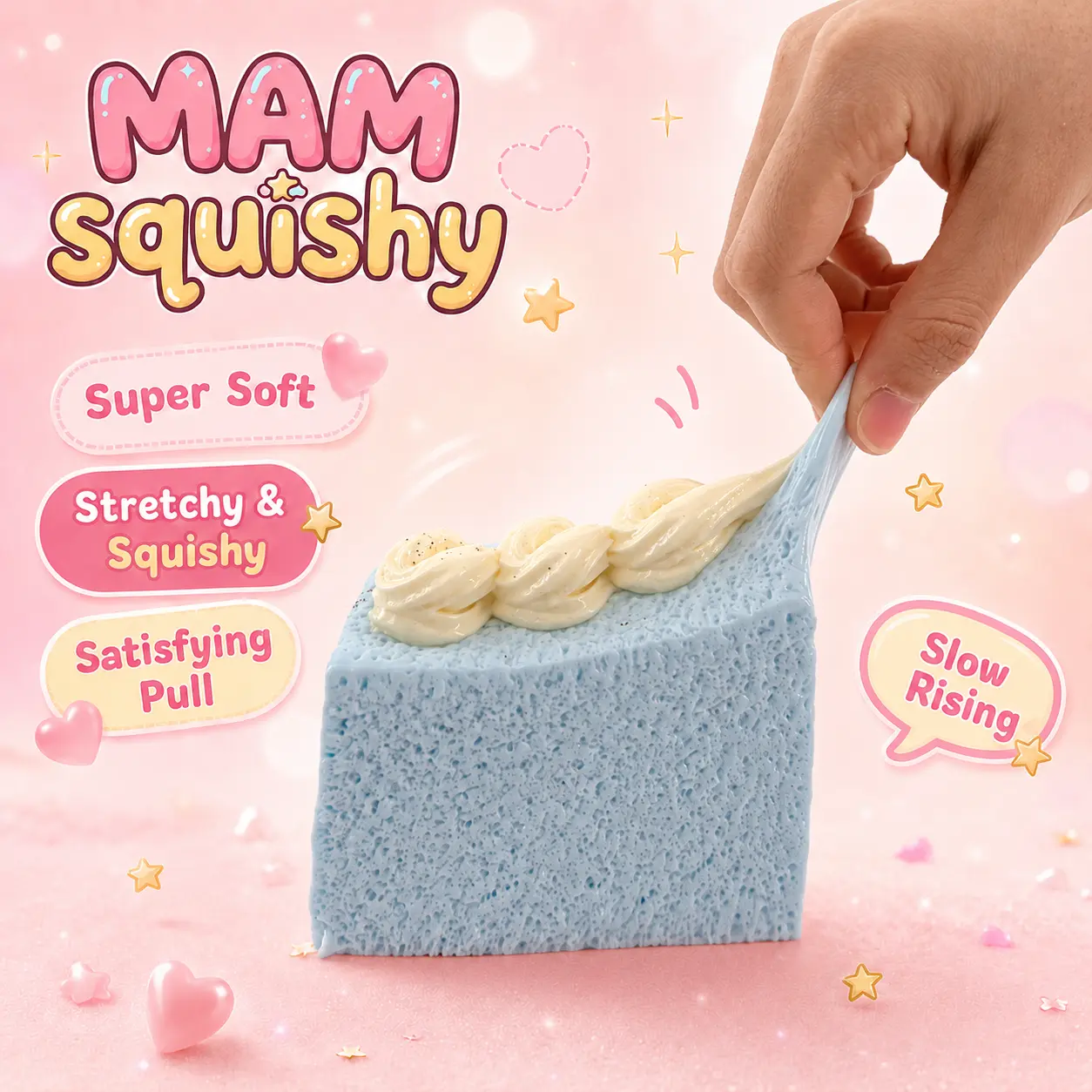 MAM Blue Fluffy Toast Squishies - Slow-Rising Frozen Butter Food Fidget Toy, Cute Kawaii Sensory Squeeze Stress Relief Toy