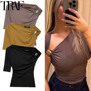 TRAF 2025 New Womens Tops One Shoulder Cropped Asymmetrical Top Summer Tight Plain T-Shirts Stylish Short Sleeve Black Blouse
