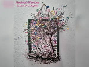 Colorful Mosaic Tile Wire Tree of Life Wall Art 22" x 18" with Asian Landscape Scenes & Vibrant Beads for Unique Decor - Glass