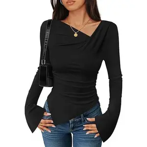 ZESICA Women's Long Bell Sleeve Shirts 2026 Fall Going Out Asymmetrical Crop Tops Slim Fit Ribbed Ruched Y2K Clothes