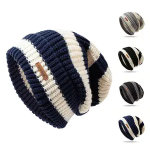 Women's Winter Knitted Beanie Caps Crochet Striped Skull Hat Slouchy Stretchy Beanie Hat Ear Protection