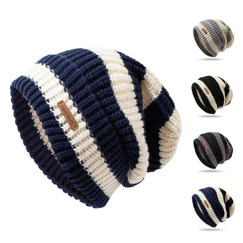 Women's Winter Knitted Beanie Caps Crochet Striped Skull Hat Slouchy Stretchy Beanie Hat Ear Protection