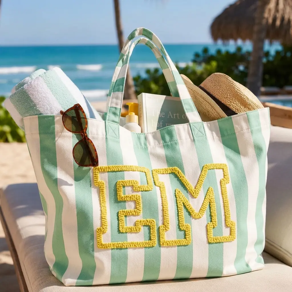 Custom Embroidered Cabana Tote Bag, Personalized Beach Tote Bag, Monogram Striped Shopper, Summer Vacation Tote, Bridal Party Gift, Pool Bag