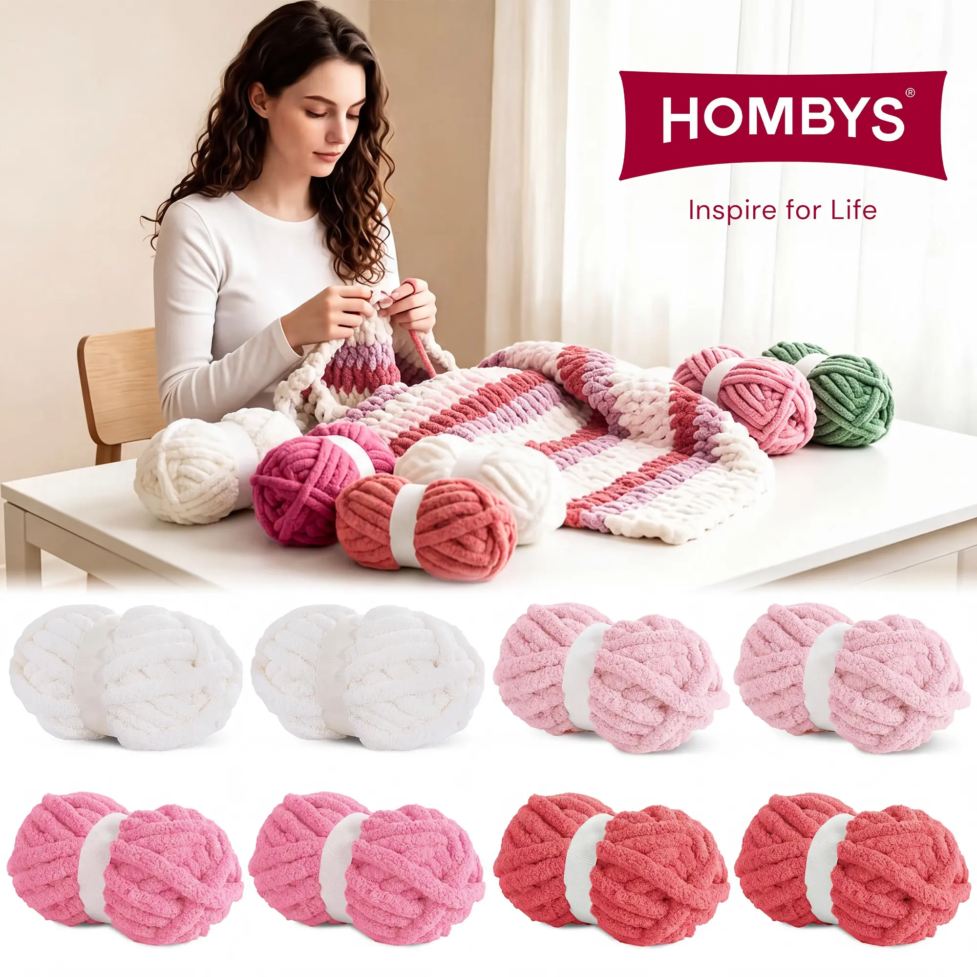 HOMBYS Multi Assorted Chunky Chenille Yarn for Crocheting, Super Bulky Jumbo Yarn for Hand Knitting, 3/4" Thick Soft Yarn for Blankets, 8 Skein Pack (27 yds / 8 oz Each)