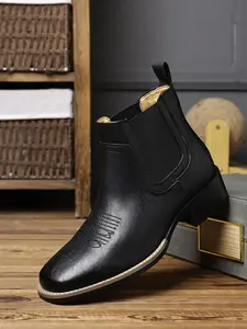 Chelsea Cowboy Boots Men Square Toe Western Style Classic Casual Work Ankle Boots, Comfortable & Durable Design, Solid Color Boots
