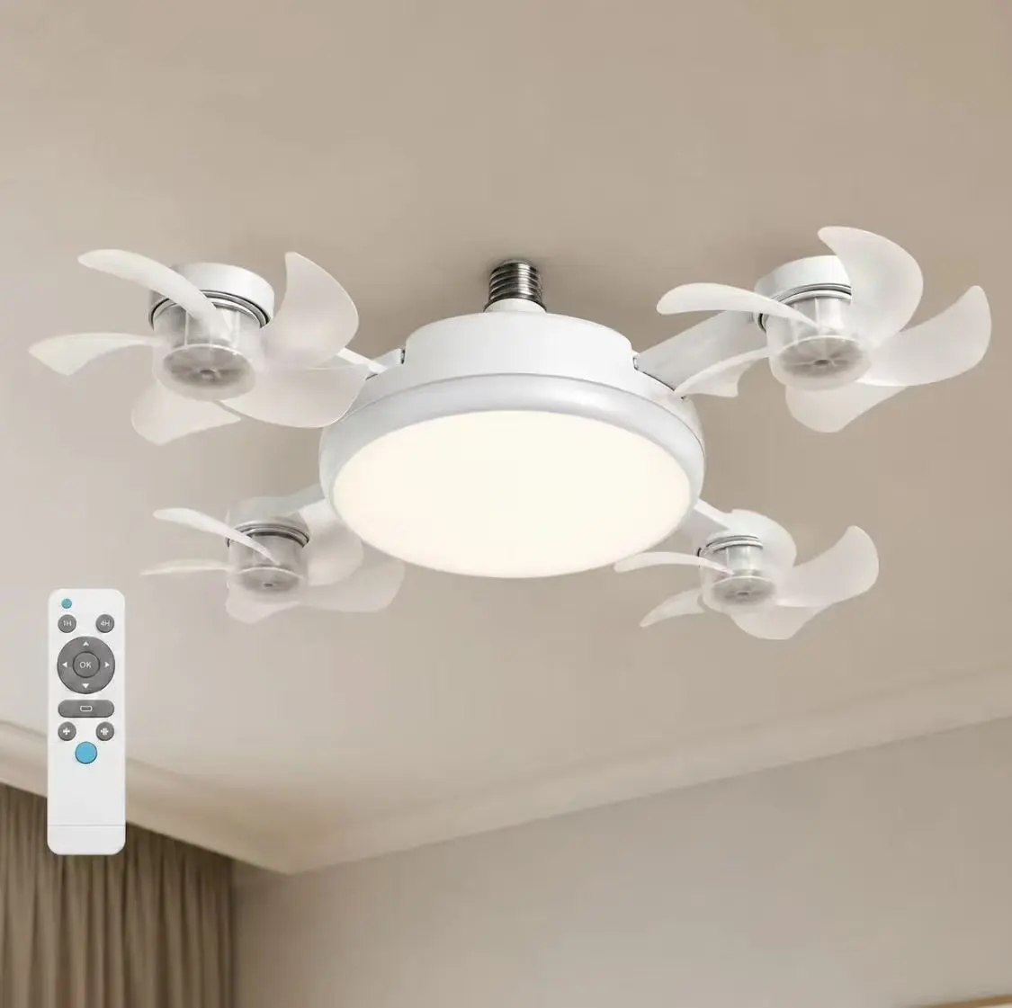 4 Rotatable Fan Heads E27 Screw-in Fan Light, LED Ceiling Fan with Remote Control, 3 Wind Speed 3 Color Temperature Dimmable Low Noise Ceiling Light Fan for Bedroom, Kitchen, Closet, Apartment