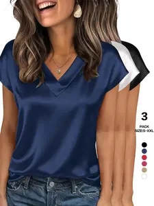 2026 Spring Summer Women's Satin V Neck Blouse, Short Sleeve Dolman Sleeve Silky Work Shirt, Loose Fit Elegant Business Casual Top for Office & Daily