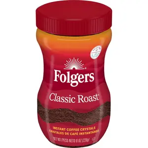Folgers Classic Roast Instant Coffee 8 Oz Jar Rich Aroma Smooth Flavor Easy Dissolves Hot Cold Beverage Bean