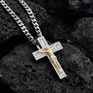 VOGCOME 14K White Gold Plated Cross Pendant Necklace for Men Women, 5A CZ Cuban Chain Link Necklace Iced Out Jesus Christ Crucifix, Perfect Christmas Gift