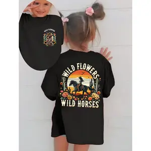 Girls' Western Cowboy Print T-Shirt - "Wildflowers & Wild Horses" Design, Casual Loose Fit, Crew Neck, Short Sleeve, Machine Washable - Perfect Gift for Little Girls