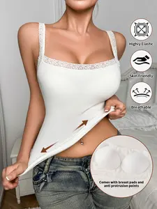 Women's Seamless Lace Trim Underwear Bandeau, Layered Top with Mold Cup, Sleeveless Back Support Vest, Ideal for Outer Wear