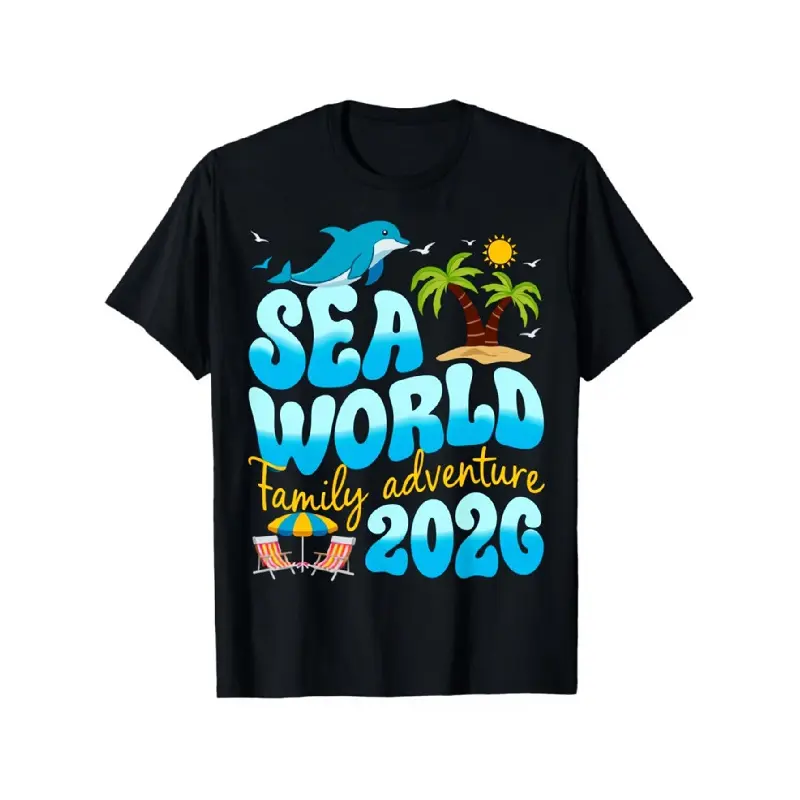 Men's Oversized Vintage Round Neck Streetwear Cotton T-Shirt - 2026 Sea World Family Adventure Print, Short Sleeve, Dolphin Palm Tree Design, Tropical Beach Vacation, Comfortable Elasticity, Dad Gift