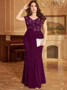 MISSMAY P54514A Plus Deep V-Neck Sequin Lace Contrast Ruched Draped Front Mermaid Hem Evening Party Formal Dress, Wedding Guest Dress, For Birthday, Dinner, Prom, Festivals