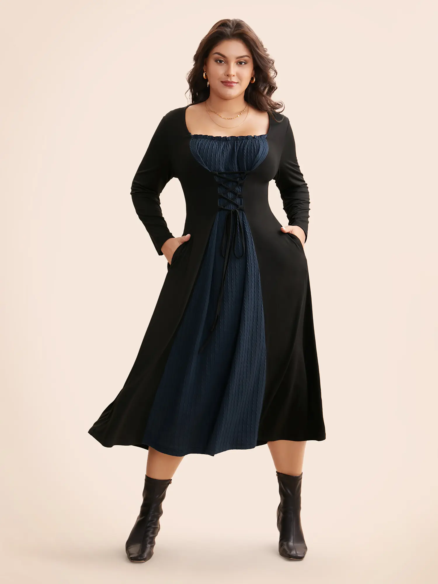 BloomChic Women's Retro Style Casual Long Sleeve Midi Dress - Textured Patchwork Polyester-Spandex Garment, Square Neck, Crisscross Straps, Frill Trim, Side Pockets, Low Iron, Summer Finds, Polyester Blend, Elastane, Criss Cross, Fabric, Mid-Length, Patch
