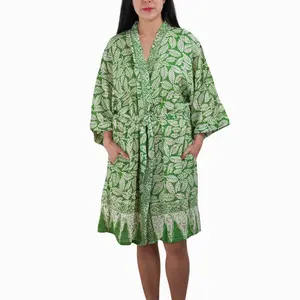 Handmade Batik Robe/ Kimono, Cotton Coffee Leaf Fabric Womenswear