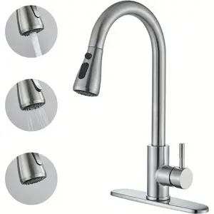 Stainless Steel Commercial Brushed Kitchen Faucet with Pull-Out Sprayer, Includes 2 Water Supply Hoses, Ideal for Bathroom, Laundry Room, Bar Counter
