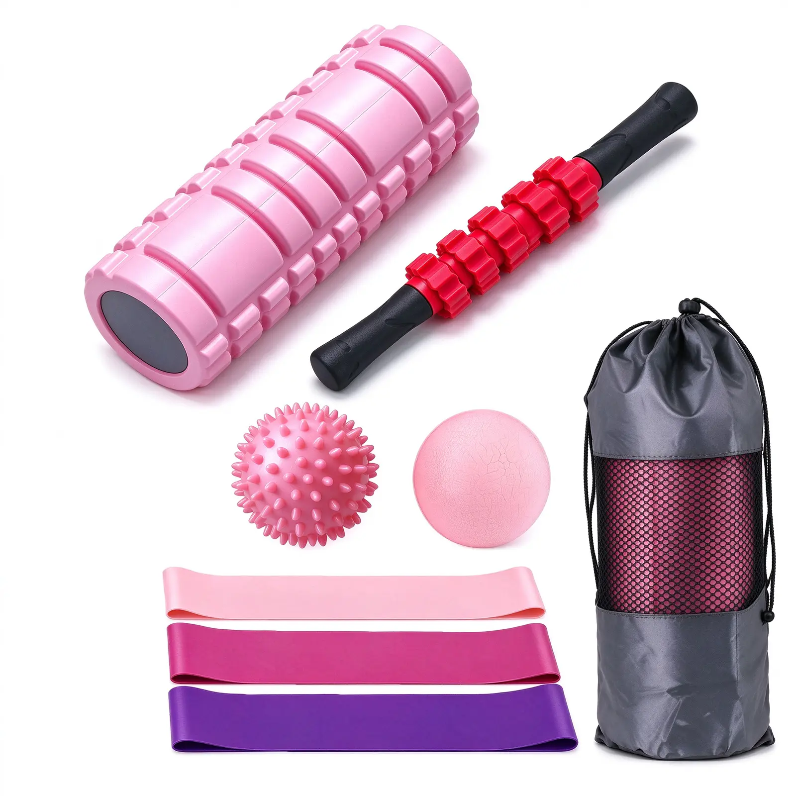 8PCS  Foam Roller Set - Includes Foam Roller, Massage Roller, 2 Massage Balls, 3 Resistance Bands for Deep Muscle Massage, Pilates Yoga, Fitness Training, Suitable for Whole Body - Black-Pink