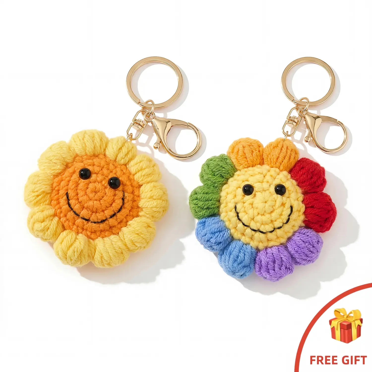 Crochet Sunflower Bag Charm, Boho Rainbow Smiley Face Keychain - Handmade Craft for Her, Attach to Bag, Keys, Backpack, Diy, Cute, Crocheted Yarn, Flowers, Everyday, Casual, Friends, Heartfelt Present For Friends, Perfect Present For Her, No, No Warning A