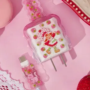 Strawberry Shortcake, Strawberry, Flower, Cat Pattern Printed Gradient Charging Head Protective Cover, Compatible With Apple Charging Head(No Data Cable Included),Gift Ideas,Summer / Spring ,Beach, Vacation