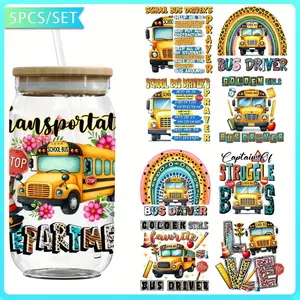 5Pcs/Set The school's yellow bus UV DTF Cup Packaging Suitable For 16 Ounce Glass Jars - Colored Self-Adhesive Transfer Paper DIY Crafts Laptops Notebooks Et