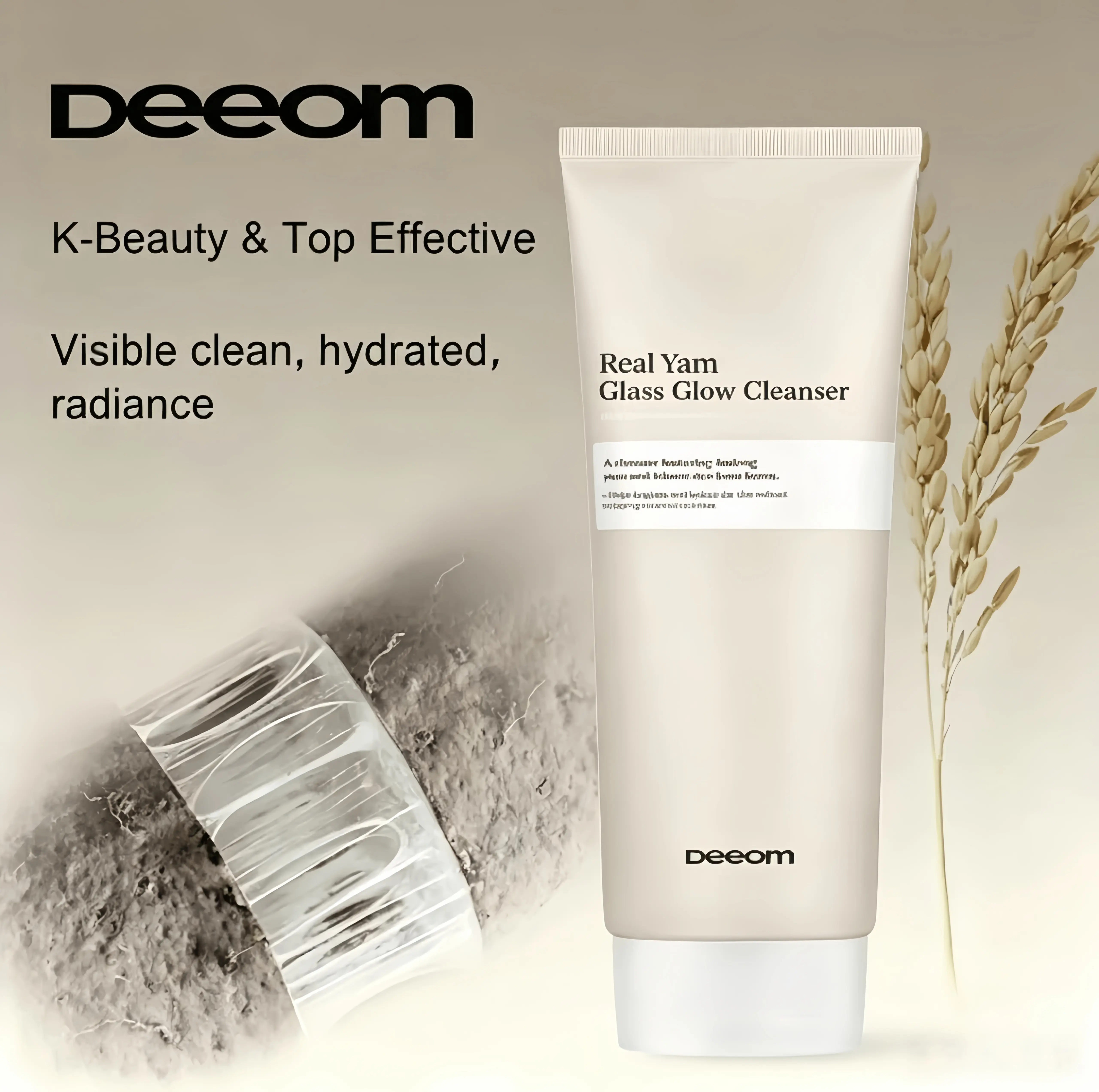 DEEOM Yam Brightening Cleanser – Korean Facial Cleansing Foam with Rice Extract, Glass Skin Glow, Moisturizing Face Wash for Dull & Dry Skin, Gentle Daily Skincare Routine, Skin Repair