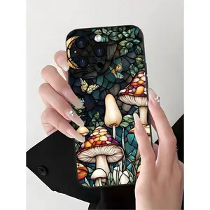 Stained Glass - Style Mushroom & Butterfly Pattern Design Theme Luxury Shockproof Aesthetic Cute Phone Case,Suitable For IPhone17/IPhone17 Air/IPhone17 Pro/IPhone17 Pro Max/16 Pro Max/15 Pro Max/14 Pro Max/13 Pro Max/12 Pro Max/11 Pro Max