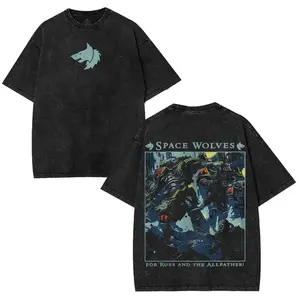 Warhammer 40K Space Wolves Washed Graphic Tee, Vintage Design Tshirt gifts men shirt Cotton Fabric Soft Top Menswear streetwear