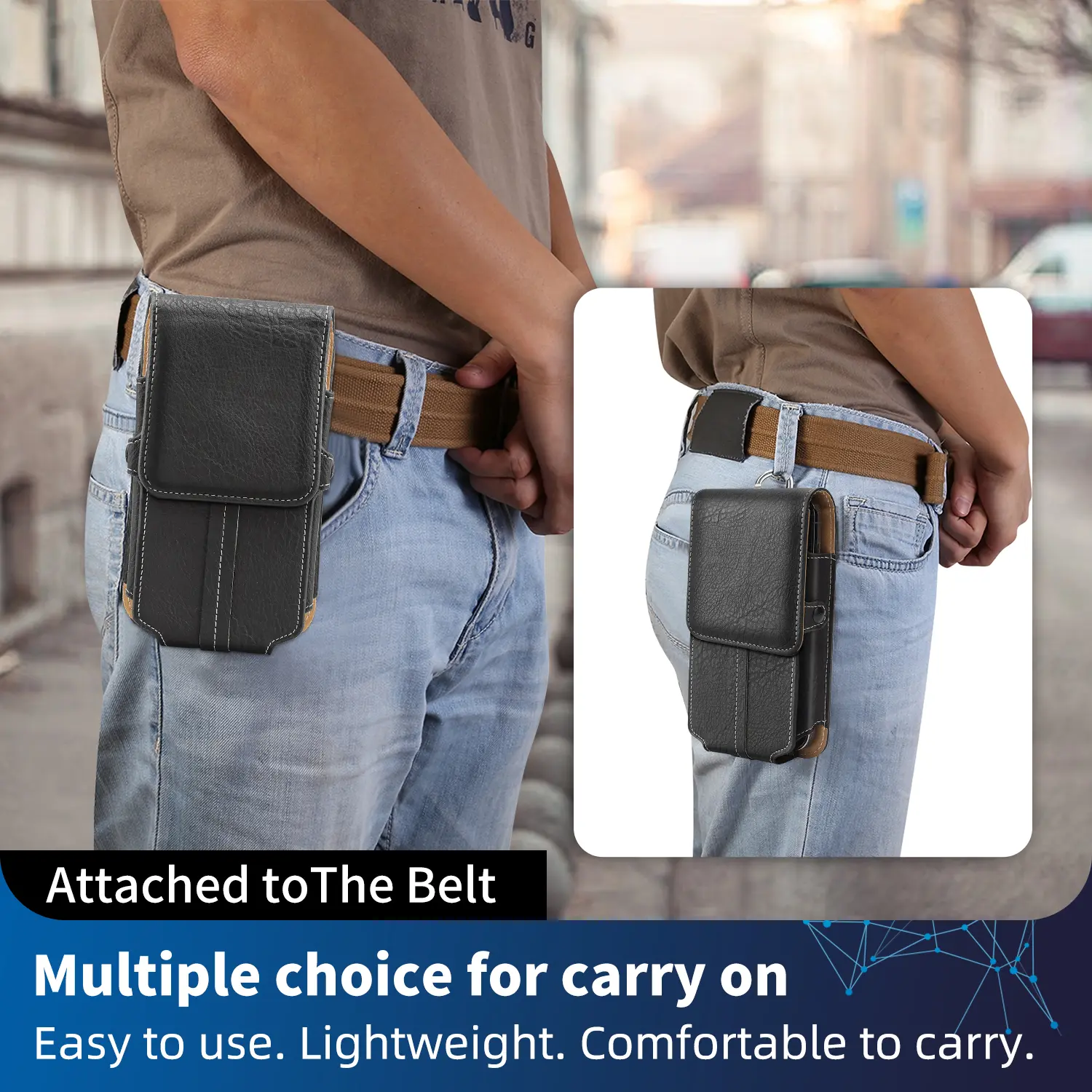 Classic Edge Enamel Double Layer Genuine Leather Waist Phone Holster with Belt Clip, Carabiner, Magnetic Snap, Durable, Lightweight, Fits 5.2-7 in Smartphones, Compatible with iPhone, Samsung Galaxy, Motorola, Waist Wear for Hiking/Outdoors, Daily Use