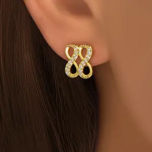 Golden Infinity Stud Earrings for Women, CZ Diamond Knot Earrings, Elegant Geometric Ear Studs, Minimalist Fashion Jewelry, Daily Wear Party Gift Accessory