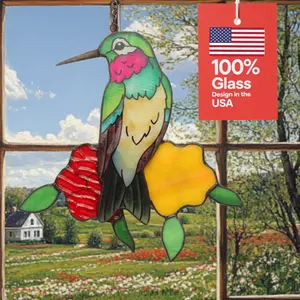 Handmade Hummingbird Stained Glass Suncatcher – Colorful Window Hanging Ornament, Unique Gift for Mom, Women & Bird Lovers (6.3in)