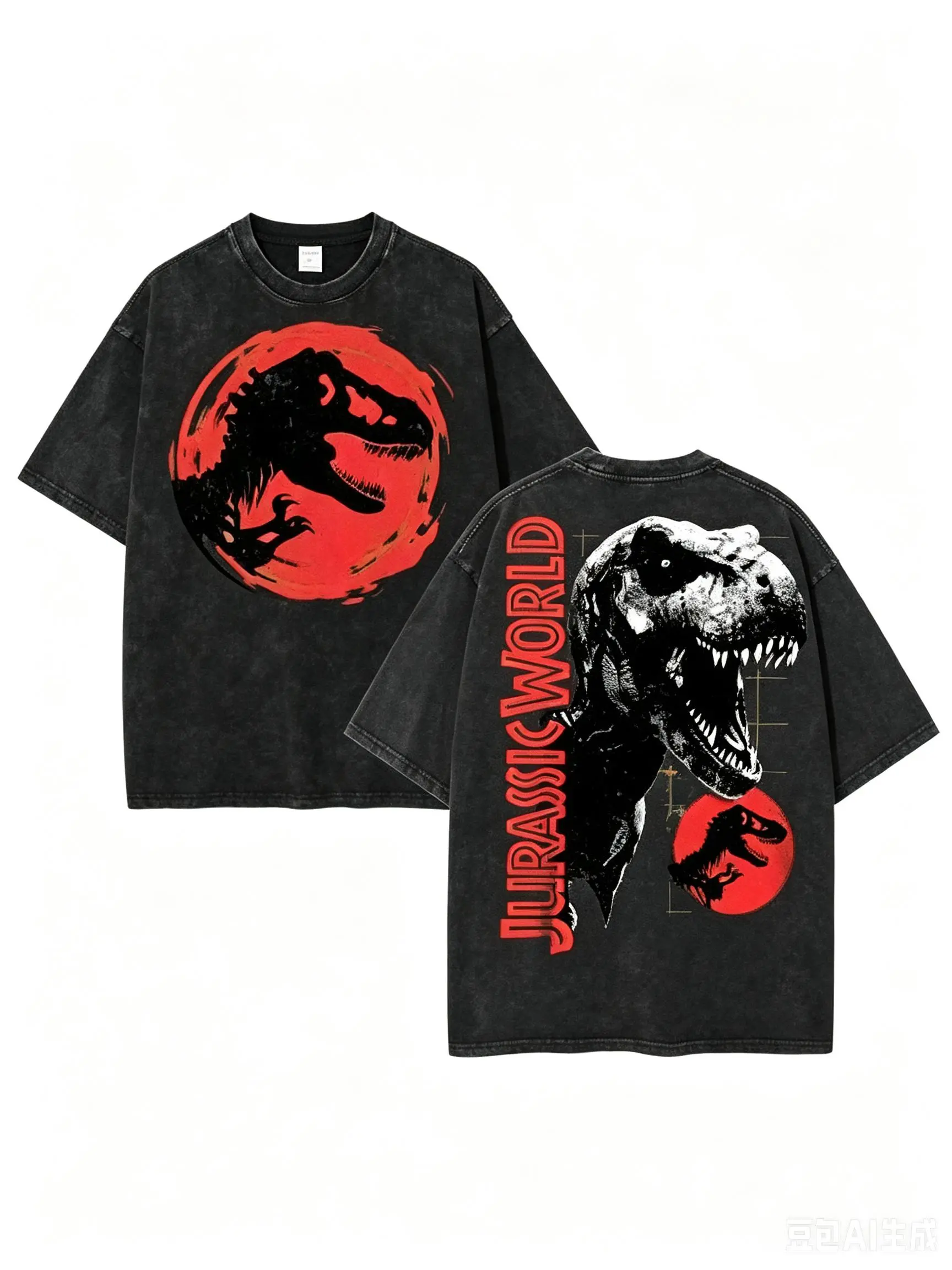 Men's Jurassic World T-Rex Dinosaur Red Moon Vintage Graphic Heavyweight Oversized Washed Distressed Short-Sleeve Casual T-Shirt - Minimalist Vibe, Grid Print, Premium Fabric, Retro, Soft, Streetwear, Tops