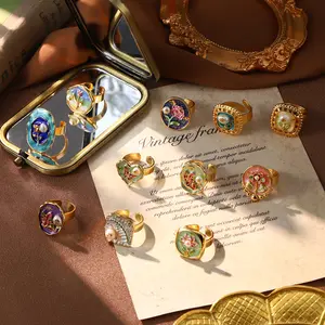 French Retro Style Enamel Oil Painting Series Ring Baroque Natural Pearl Palace Style High-end Niche Jewelry