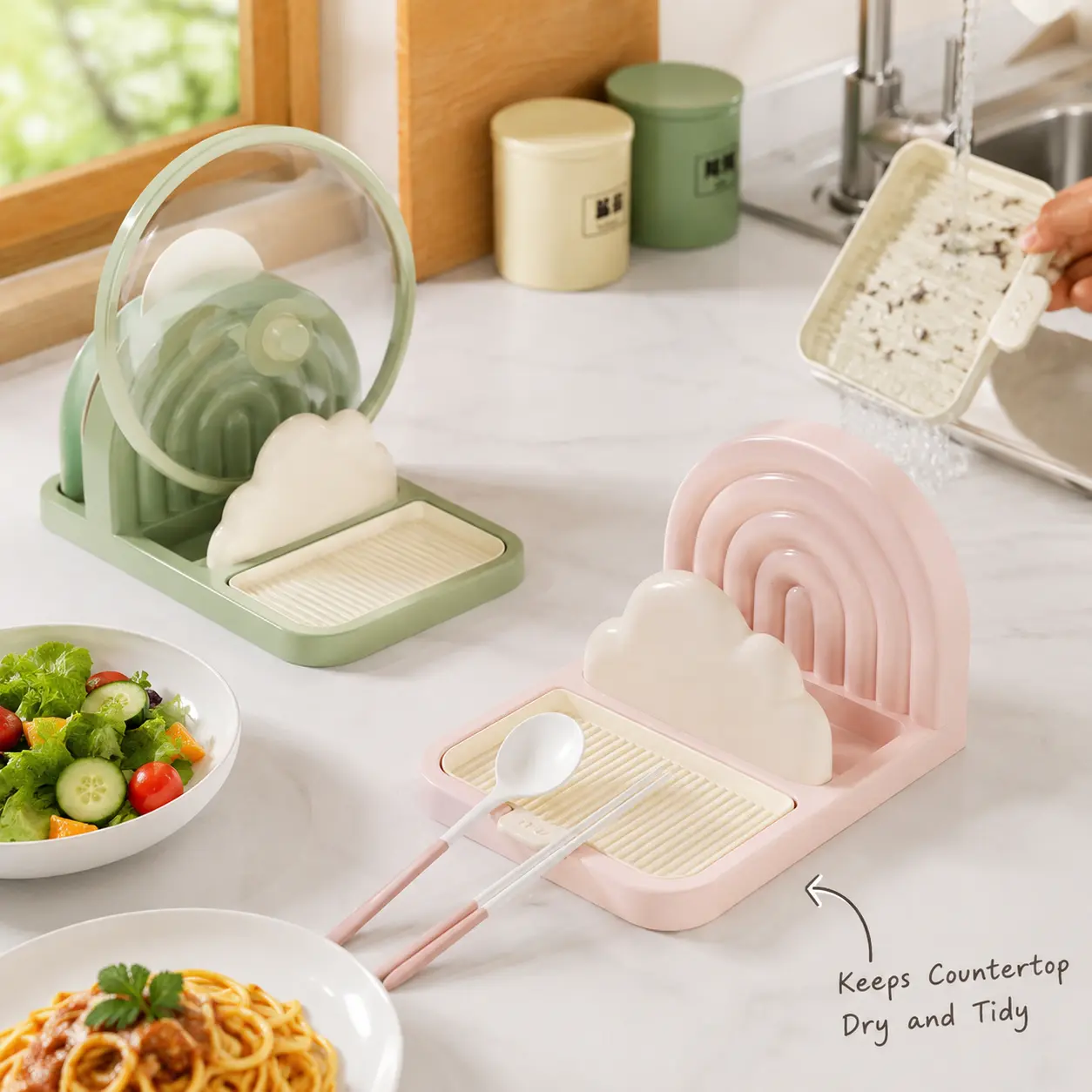 1 Count, Kitchen Pot Lid and Utensil Holder with Suction Cup, Removable Drip Tray for Holding Lids, Spatulas, Chopsticks on Kitchen Countertop