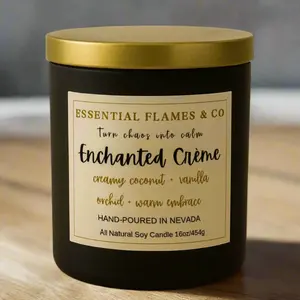 Essential Flames & Co Enchanted Crème 16oz Candle Creamy Coconut Vanilla Orchid Warm Embrace Hand Poured in Nevada All Natural Soy Household Scented Candle