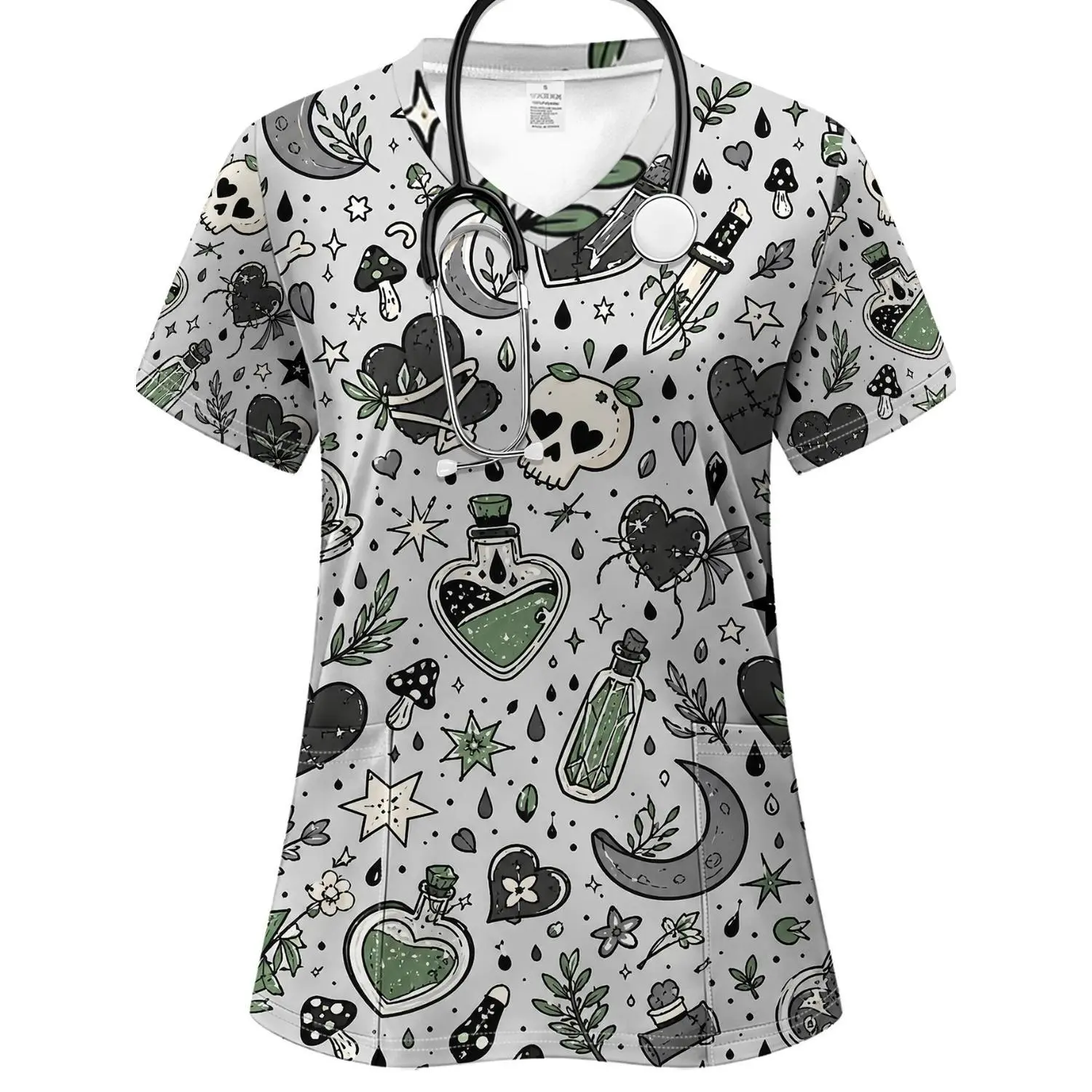 Women's Vintage Gothic Heart Skull Mushroom All Over Print V-Neck Short Sleeve Scrub Top, Comfortable Workwear for Nurse, Doctor, Clinic & Daily Healthcare, Cute Medical Uniform Top