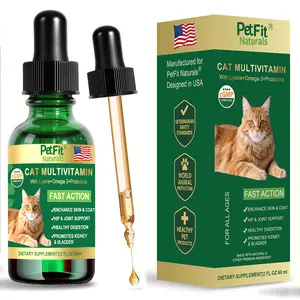 PetFit Naturals Cat Multivitamin Liquid Drops with Lysine Probiotics Omega 3 USA Formula 2oz for All Ages Fast Action