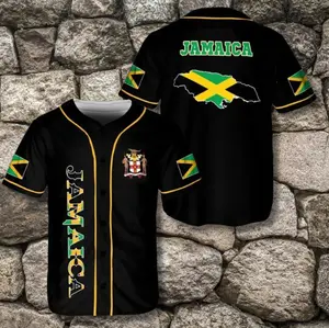 Jamaica Baseball Jersey in Black with Flag Map and Coat of Arms, Jamaica Jersey, Jamaican Pride Sports Fan Gift Shirt