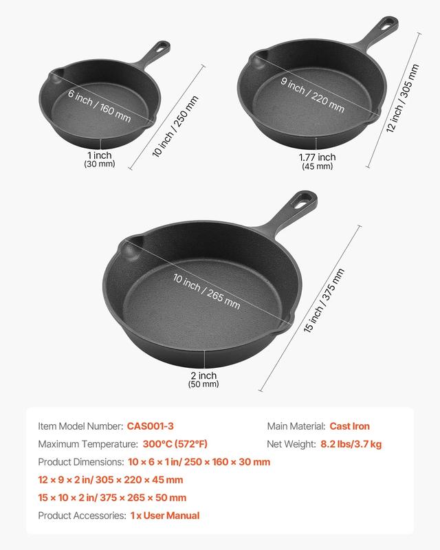 VEVOR Cast Iron Skillet, TikTokShopBlackFriday, 3-Piece Frying Pan Set (6, 8, 10 in), Heavy-Duty Skillets with Heat-Resistant Handle, Pre-Seasoned Chef's Pan, Kitchen Cookware, for Oven, Gas, Electrical, Induction, Black