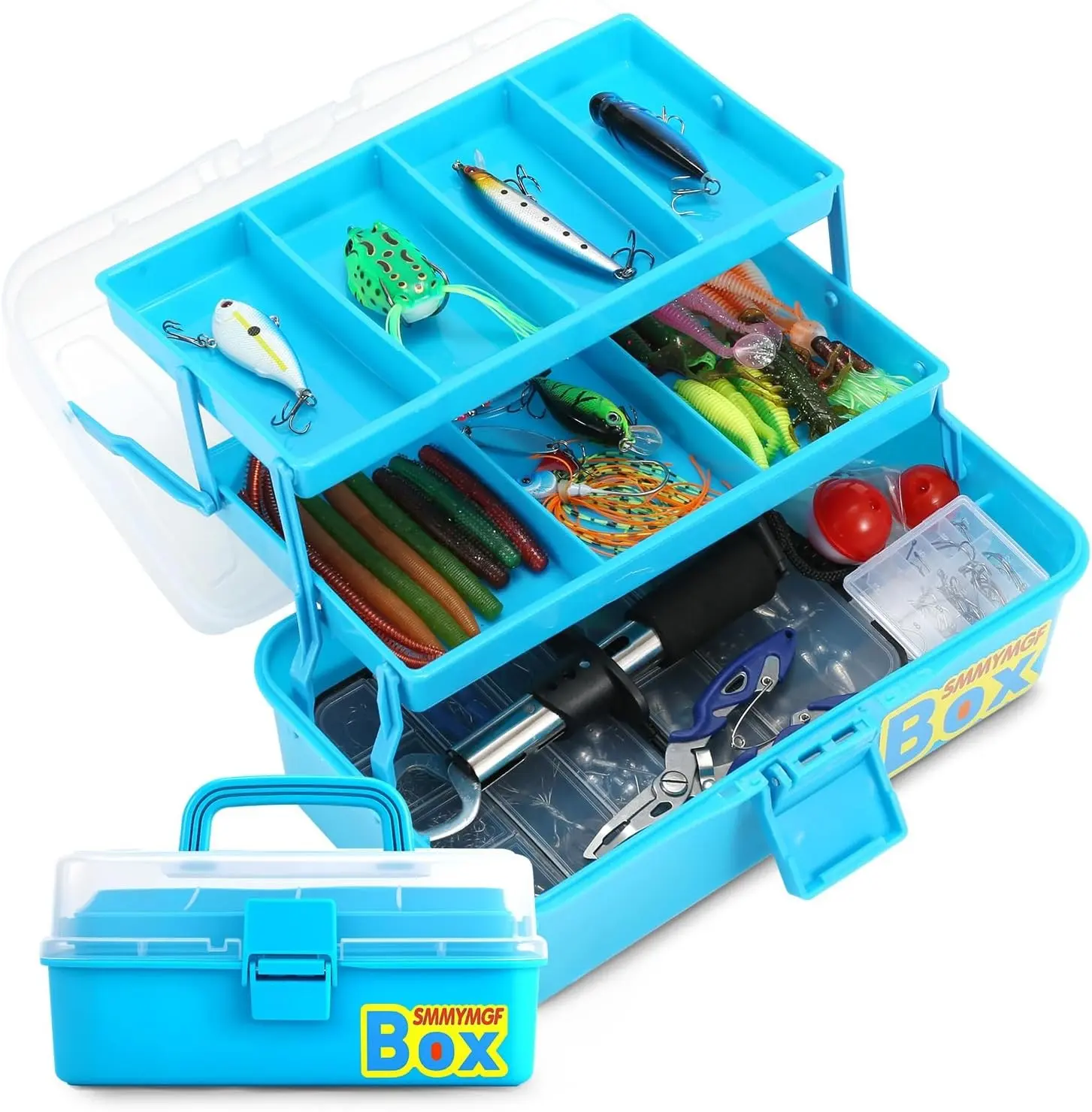 3-Layer Rectangular Plastic Angling Gear Kit Set, Multi-Layered Fishing Tackle Storage Box with Accessories Case, Fish Gripper, Split Ring Pliers & Space for Larger Tools – Ideal for Beginners, Great Angling Gift