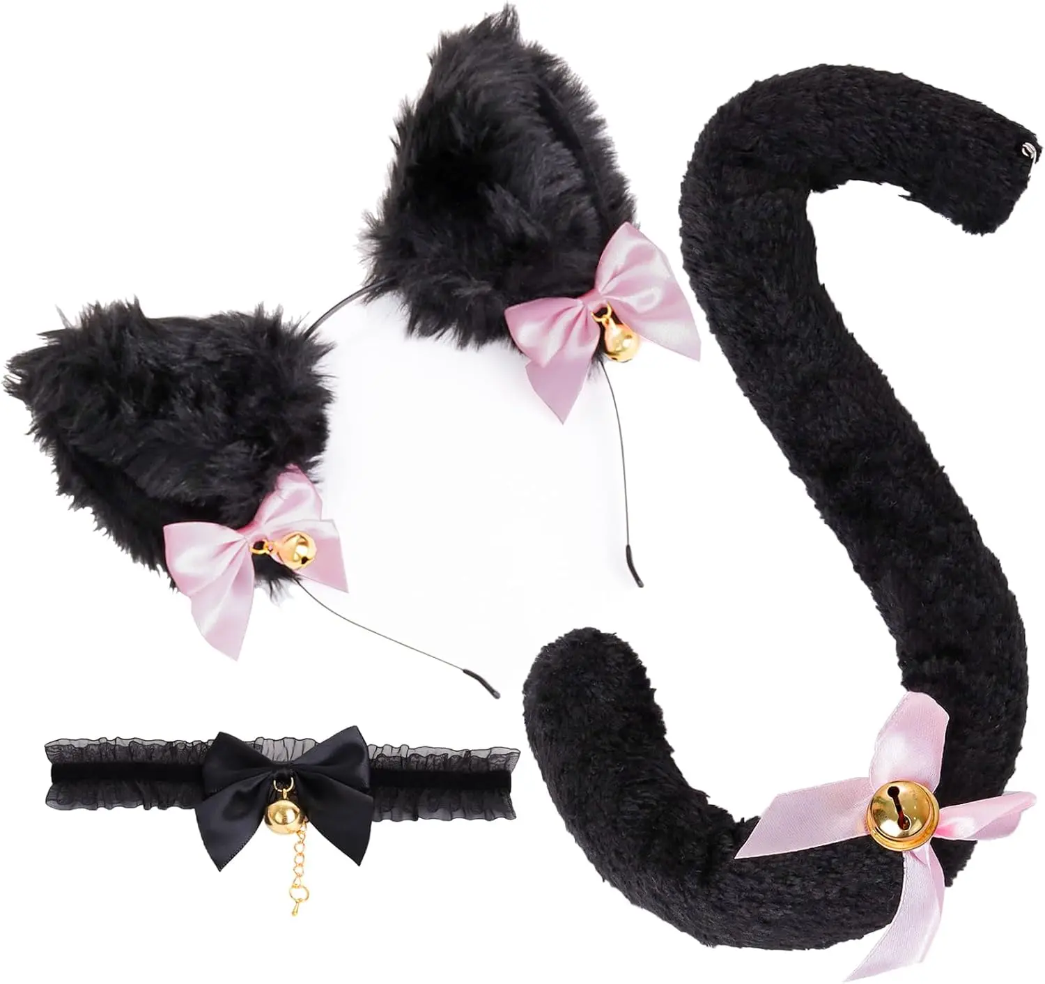 Women's Soft Furry Animal-Eared Costume Set - 3PCS Halloween Cartoon Animal Costume Accessories with Bell-Adorned Headband, Furry Ears-Tail, Choker Neck (Headband Size Details Available)