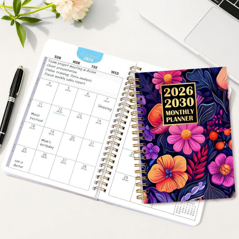 2026-2030 Monthly Planner/Calendar - January 2026 to December 2030, 5-Year Monthly Planner, Large Purple Flower Theme Cover Design Notebook, Yearly Calendar Planning, Monthly Tabs, 60-Month Calendar, 5.5 x 8.3 inches, 71 Sheets/142 Pages Thick Paper, Elas