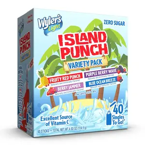 Light Island Punch Singles to Go Variety Pack - Fruity Red Punch, Purple Berry Wave, Berry Jammer, Blue Ocean Breeze Flavors - 1 Box (40 Single Servings) Vitamin-Infused Sugar Drink Hydration Flavoring Powder Beverage