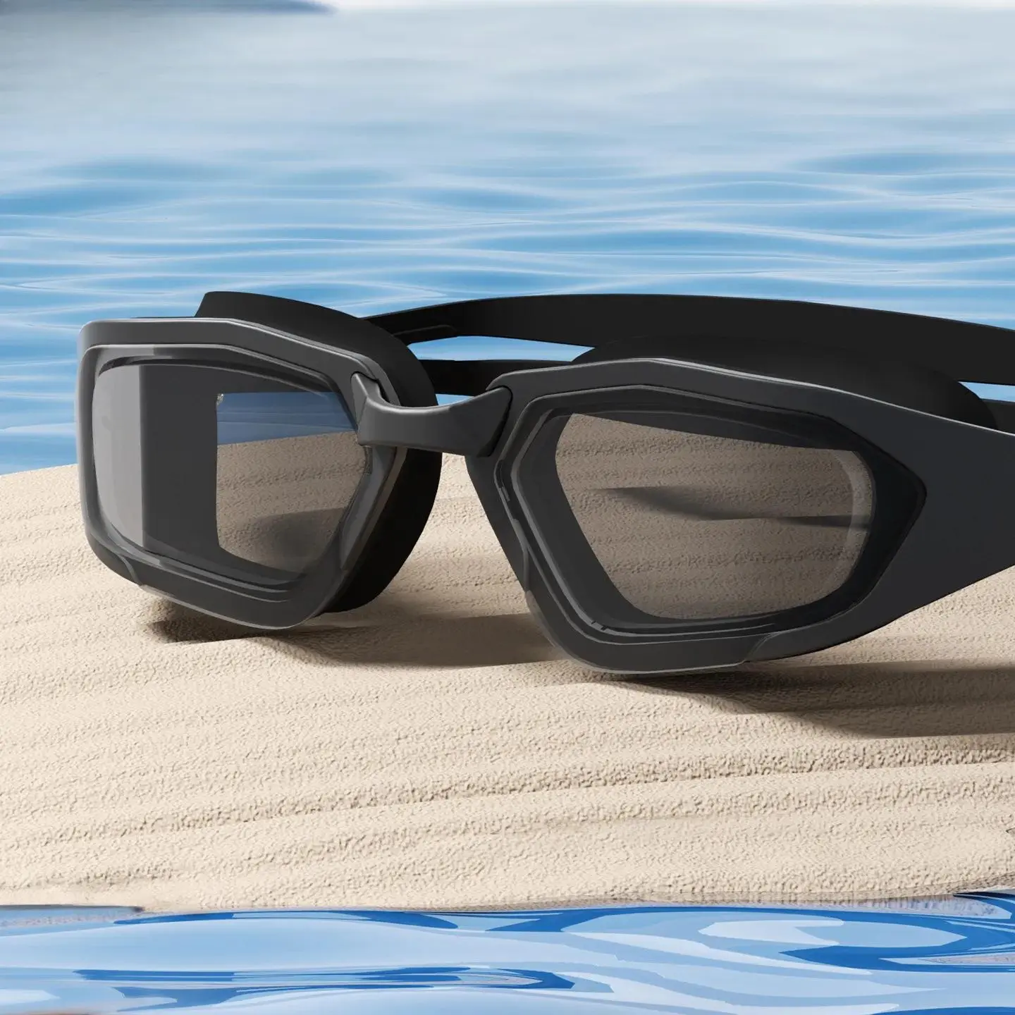 Blue goggles, swimming cap set.